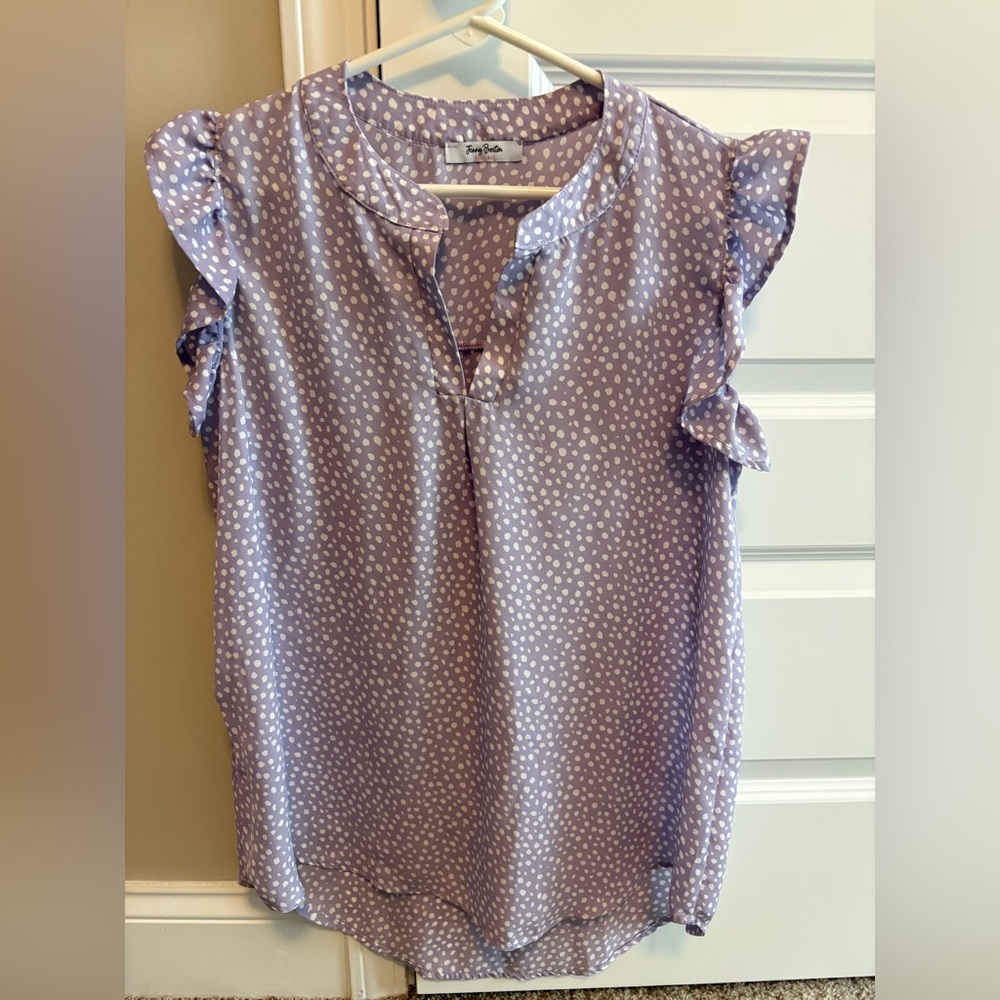 Chic Lavender Polka Dot Blouse with Ruffle Sleeves